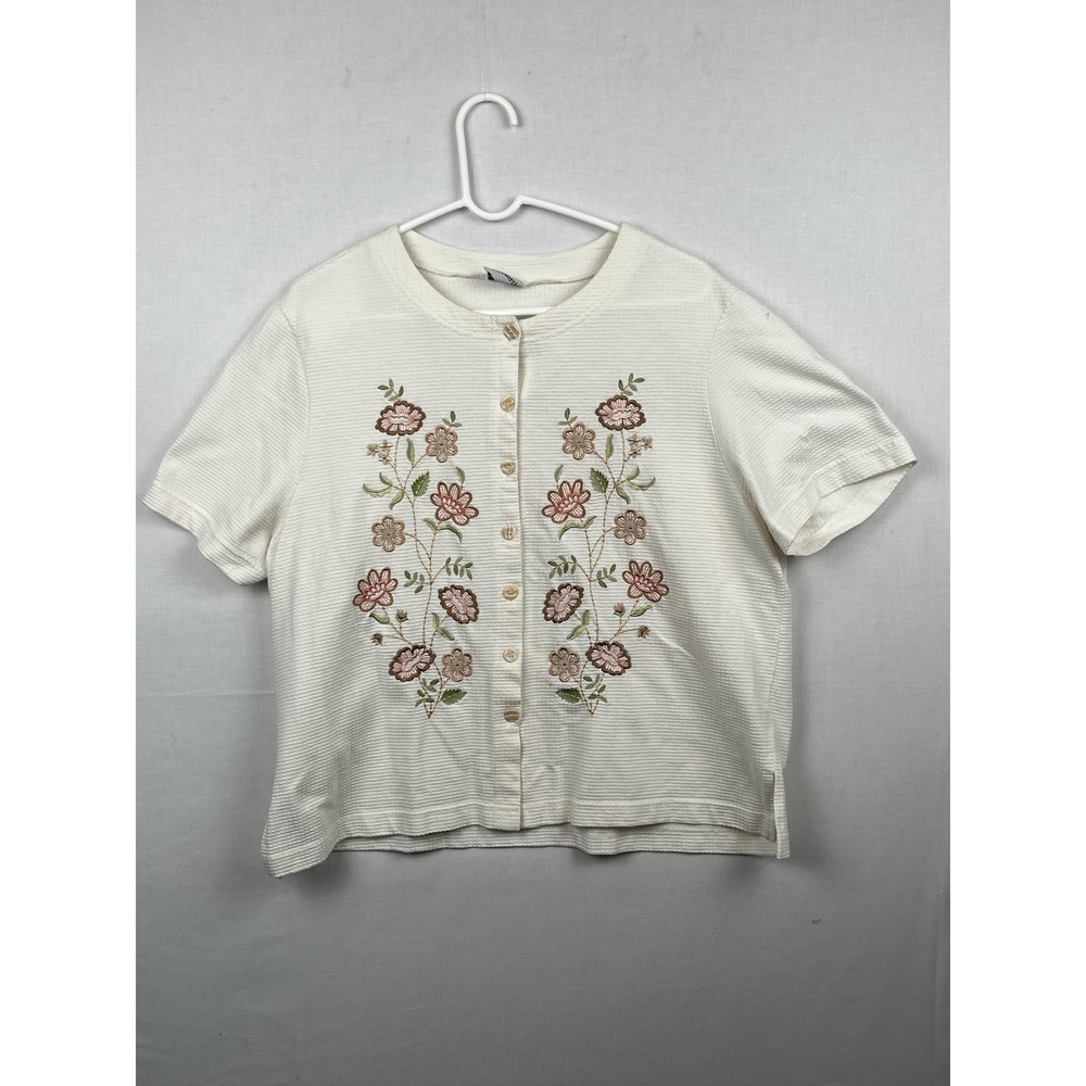 BonWorth Floral Embroidered Button Up Top Womens XL Seersucker Cream Short Sleev